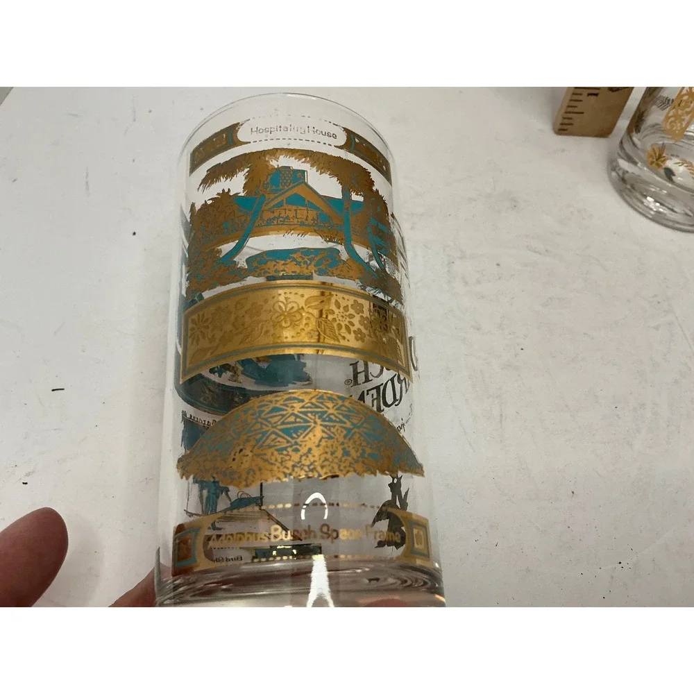 Vintage Souvenir Highball Glasses Busch & Bellingrath Gardens Gold Teal